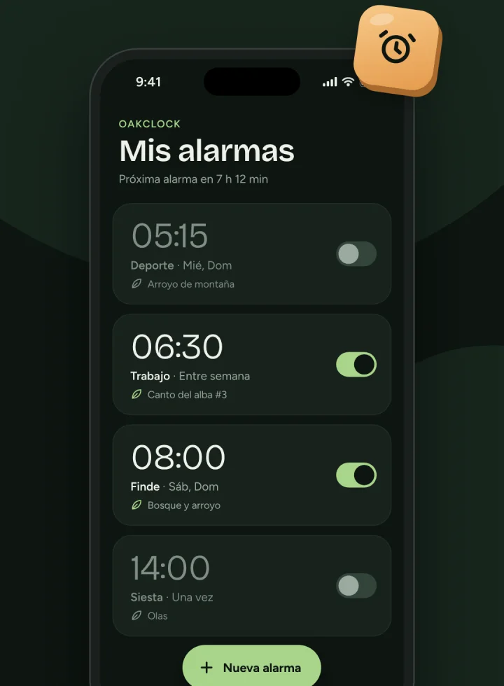La lista de alarmas de OakClock