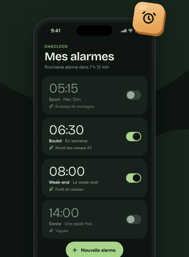 La liste des alarmes d'OakClock